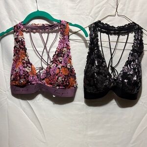 PINK Victoria's Secret Purple Floral & Black Metallic Lace Bralettes